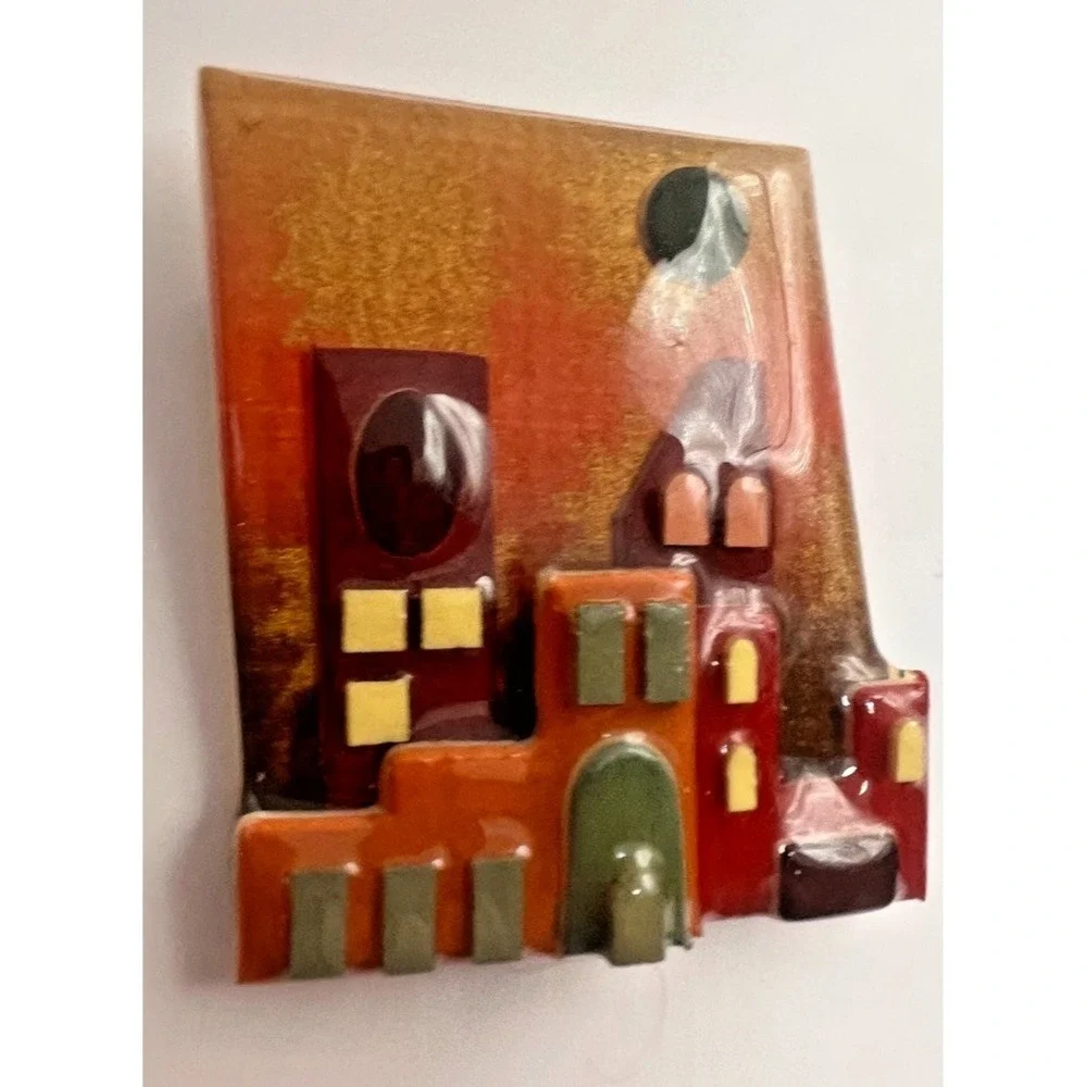 Lucinda House Pin Brooch Town Scene Resin Pueblo Casas Vintage Cityscape Artisan